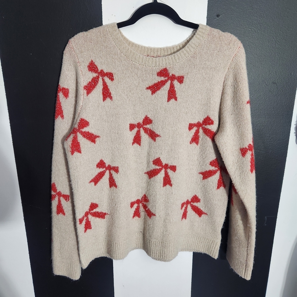 cupcakes & cashmere Beige Sweater with Red Bow Design